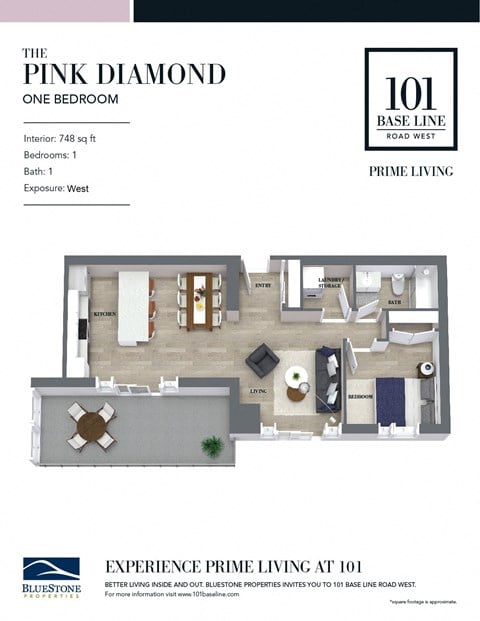 Floor plan for 1 bed, 1 bath, 748 sqft